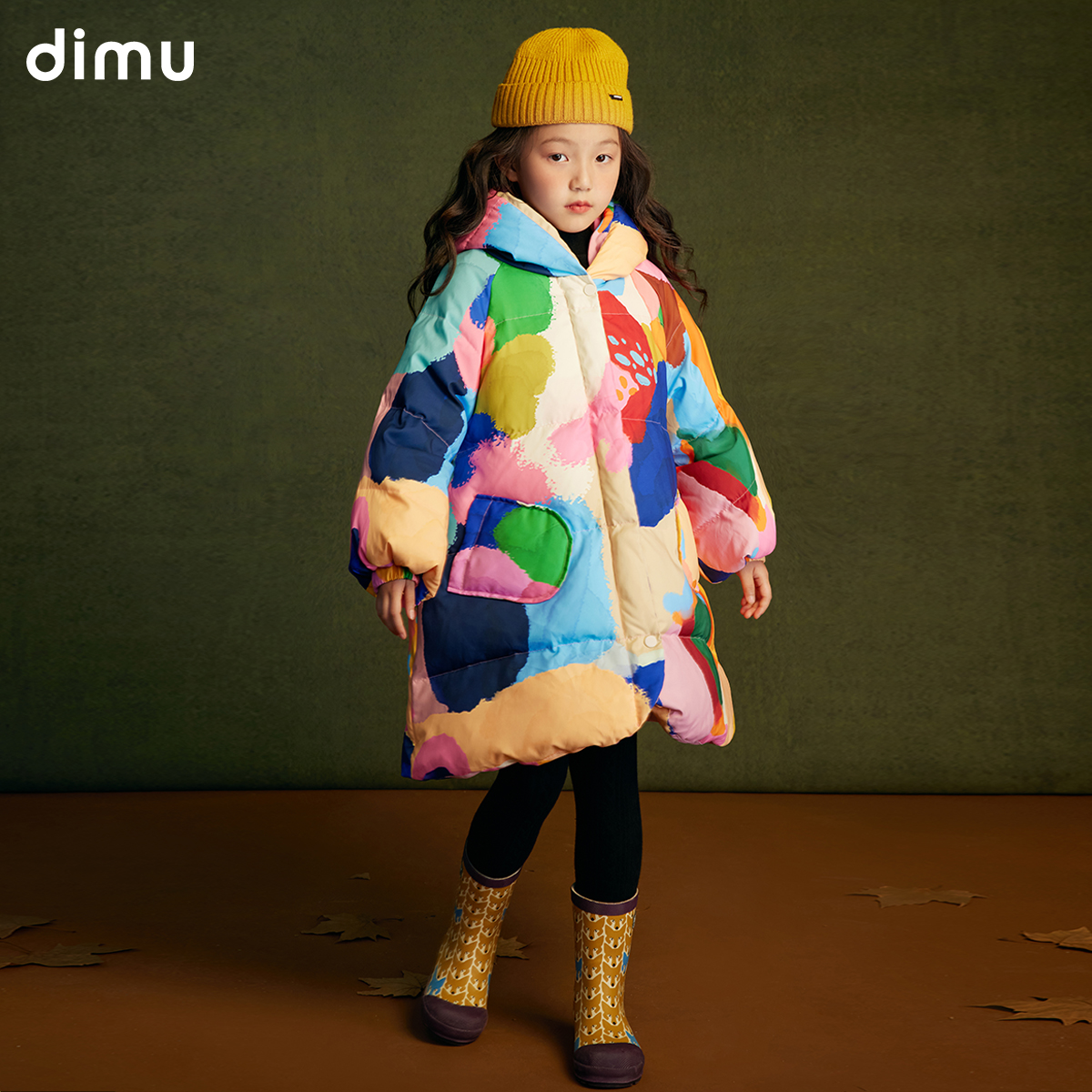 笛牧女童白鸭绒羽绒服2024冬装新款洋气中长款趣味涂鸦儿童外套厚