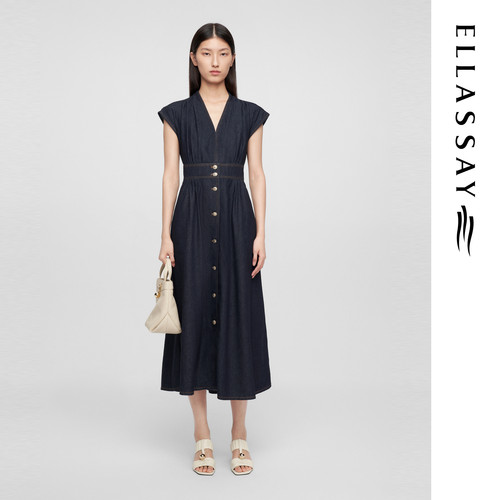 ELLASSAY歌力思早春新款100%棉连肩袖牛仔连衣裙女EWE361N01600 - 图0