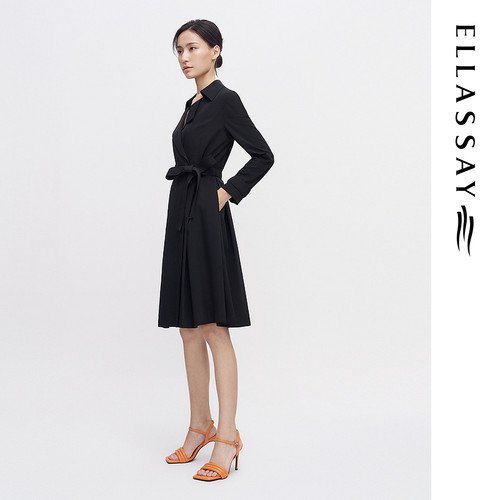 ELLASSAY歌力思2026春季新款百搭系带设计黑色风衣EWE341F01600 - 图0
