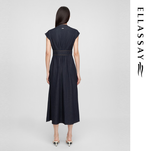 ELLASSAY歌力思早春新款100%棉连肩袖牛仔连衣裙女EWE361N01600 - 图1