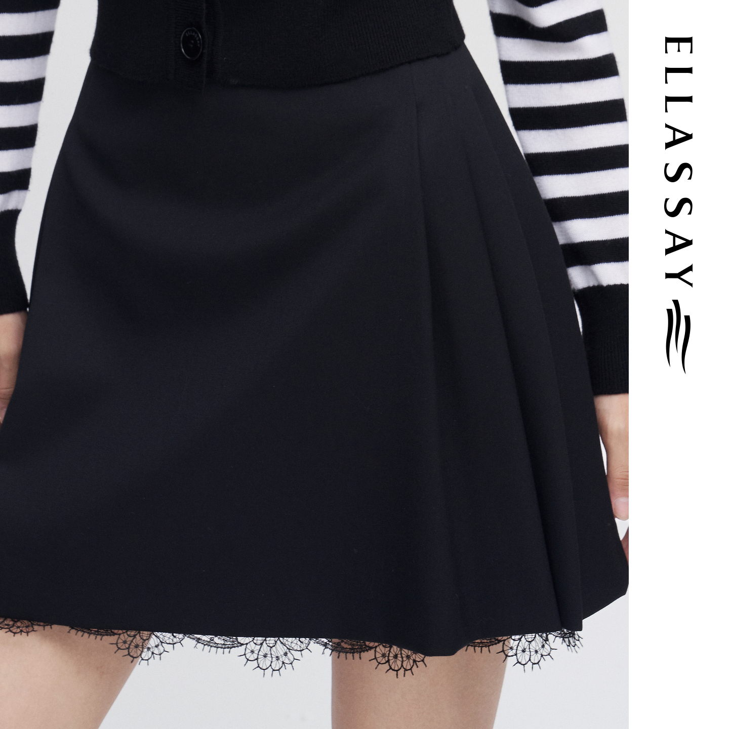 ELLASSAY歌力思春夏新款羊毛蕾丝边压褶A字半身裙女EWE341Q02900 - 图2