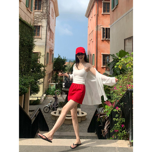 pusumede 自在松弛 红色苎麻包臀半身裙女气质松紧腰防走光短裙 - 图2