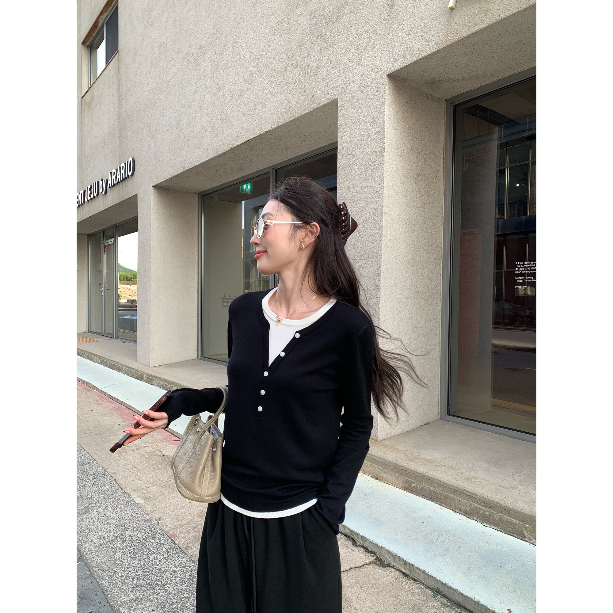 pusumede 简色画轴 设计感假两件针织衫女内搭外穿撞色长袖上衣