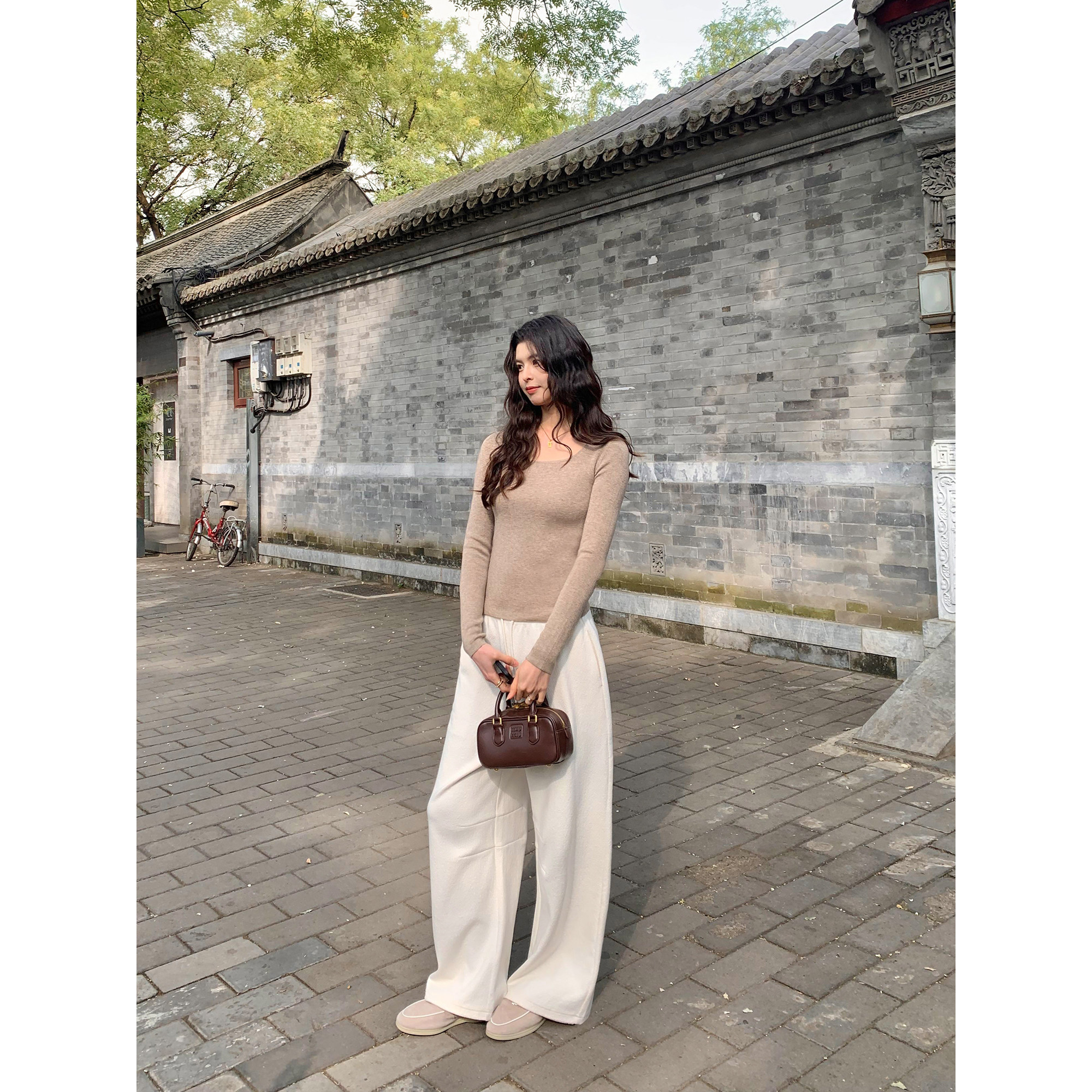 pusumede 通勤feel 高腰弯刀宽松阔腿卫裤女松紧腰直筒休闲长裤 - 图1