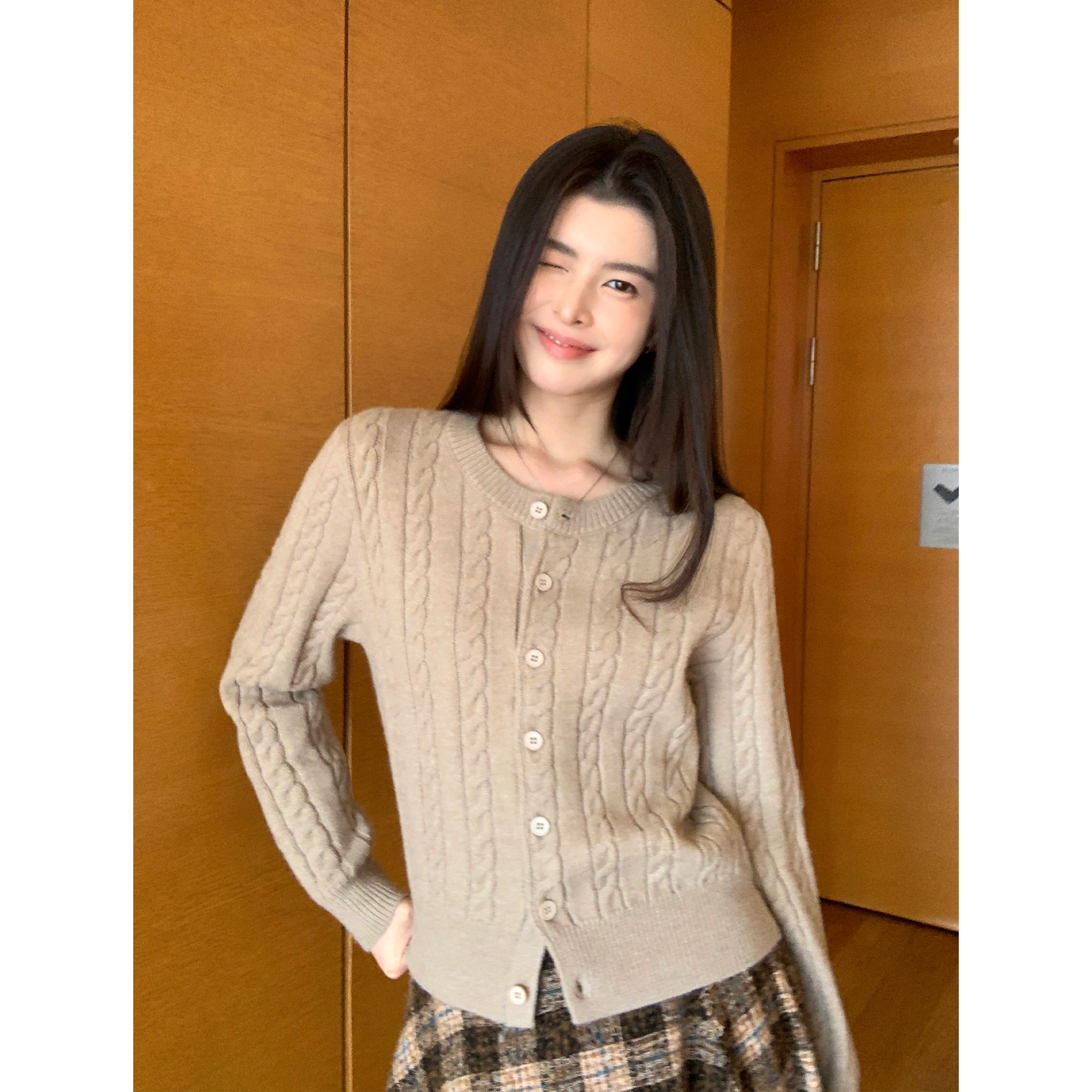 pusumede 调性麻花 竖条纹麻花开衫外套女修身显瘦圆领长袖上衣 - 图0