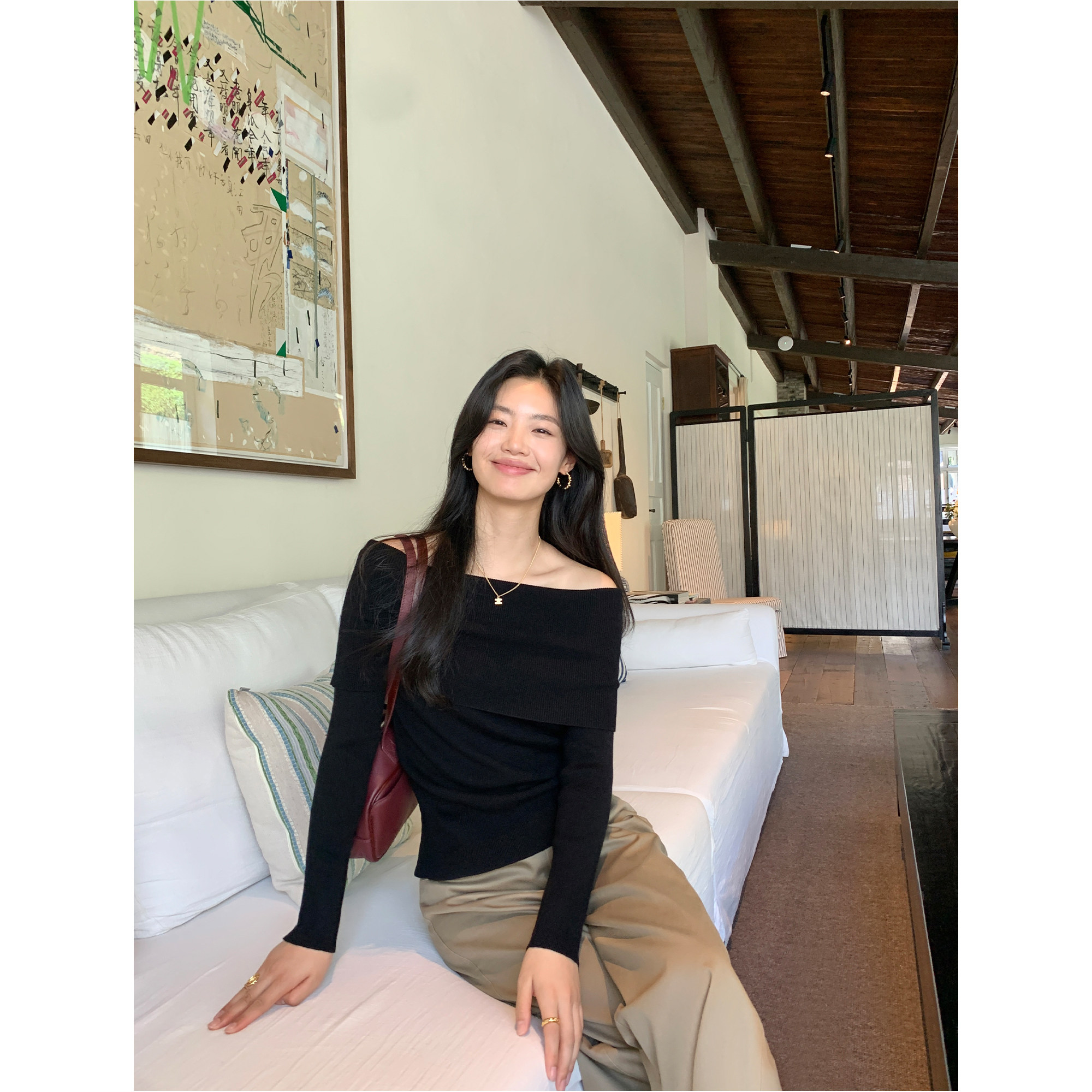 pusumede 都市轻行 黑色一字肩长袖针织衫女外穿气质露肩修身上衣,淘宝优惠券,粉丝福利购,淘宝优惠卷