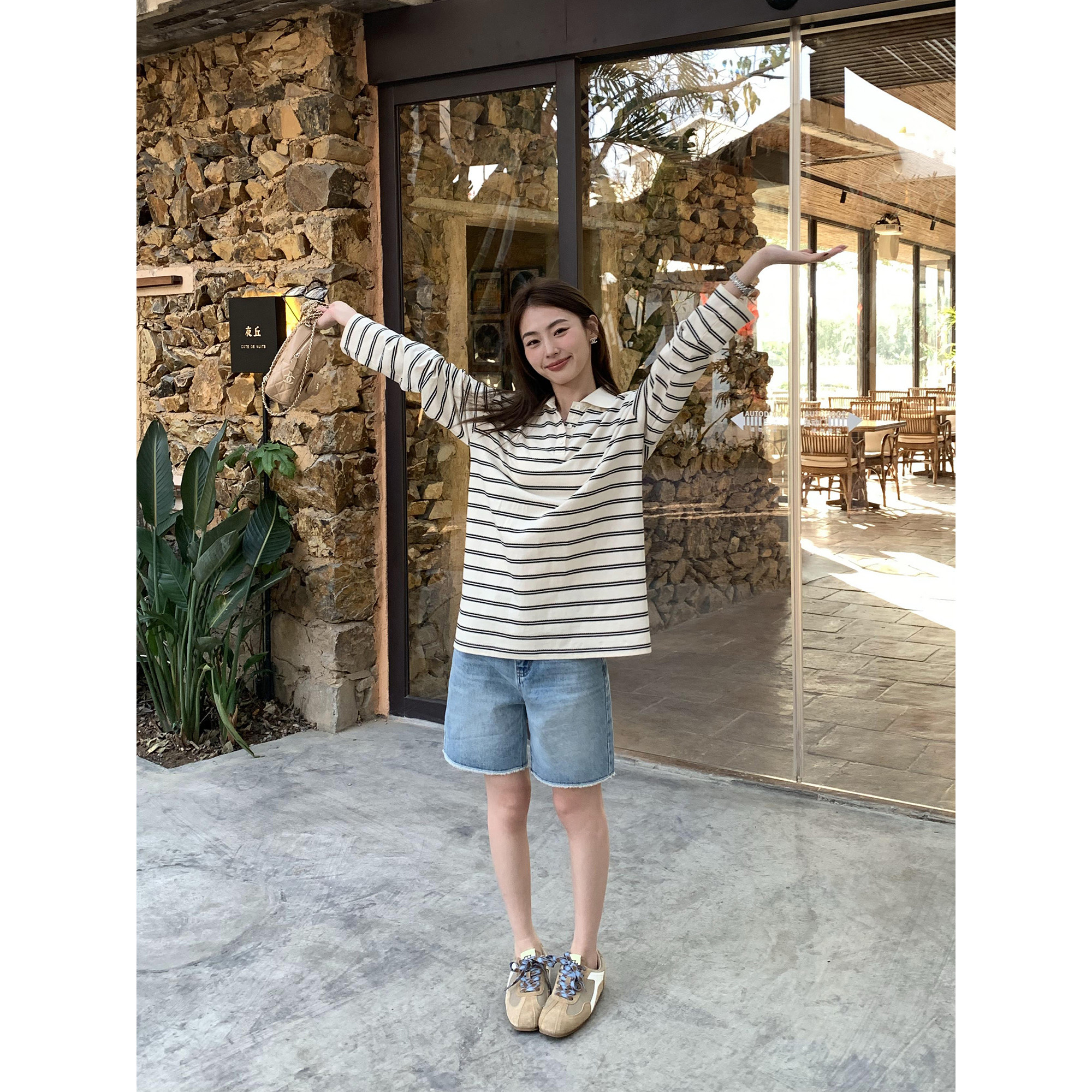 pusumede 条纹定律 polo衫长袖T恤女设计感大版宽松休闲慵懒上衣,淘宝优惠券,粉丝福利购,淘宝优惠卷