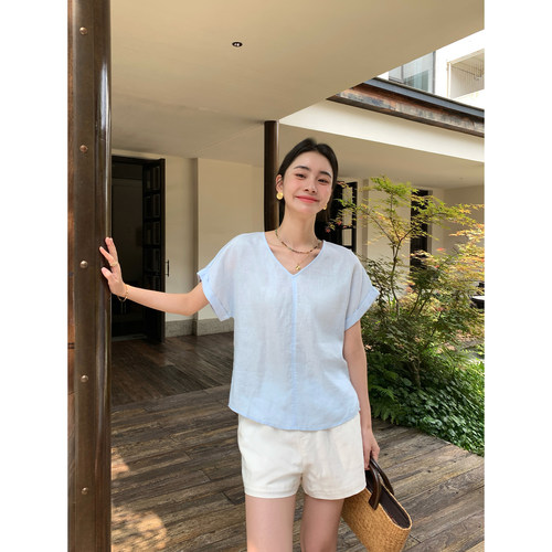 pusumede 轻薄纸感 1OO亚麻折边袖衬衫女极简v领小衫宽松短袖上衣 - 图1