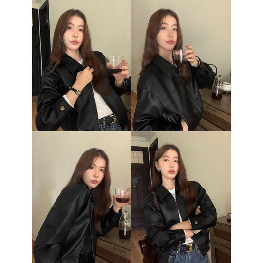 American retro pu leather jacket for women motorcycle short leather jacket