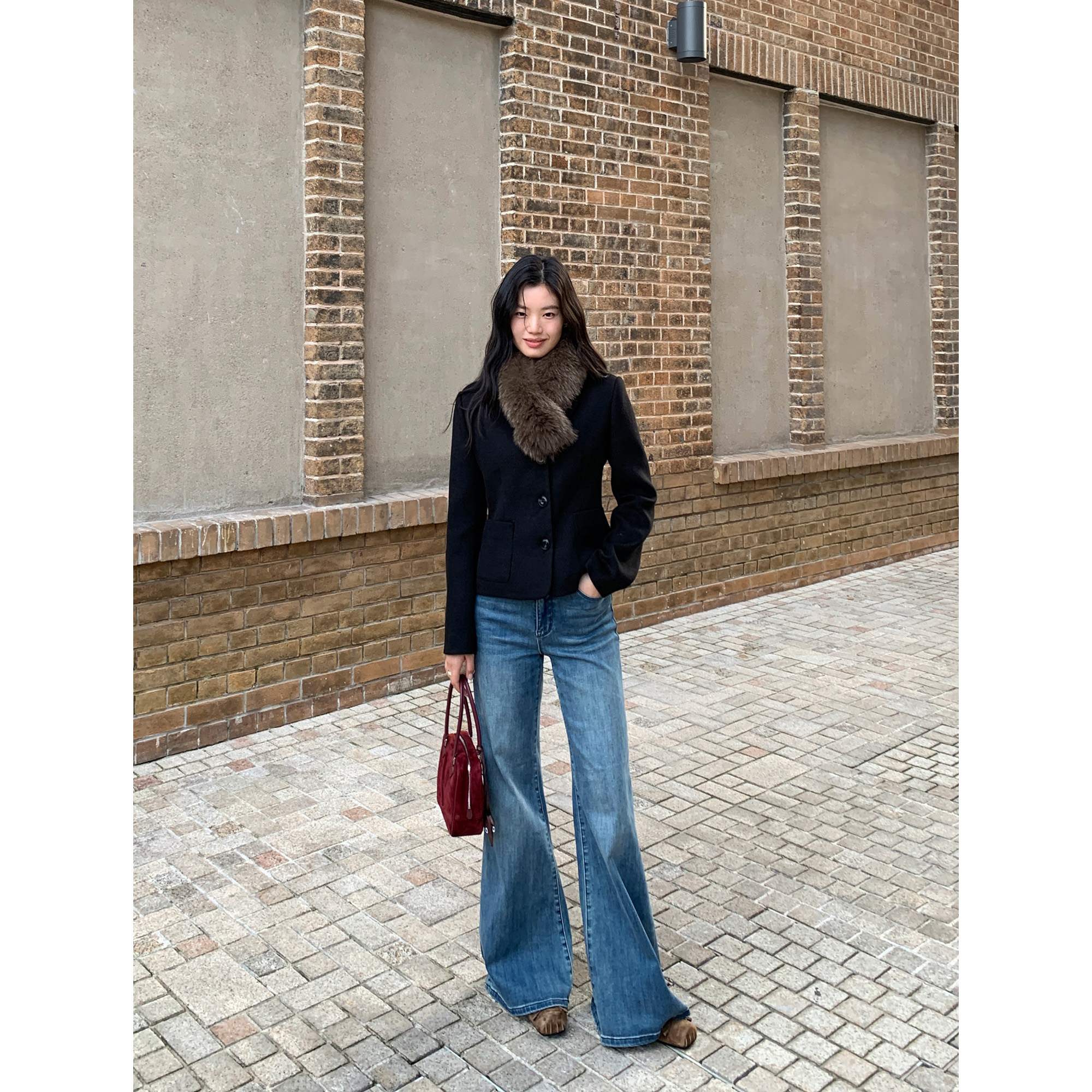 pusumede 复古调性 毛呢套装收腰西装外套女小西服高腰百褶半身裙 - 图1