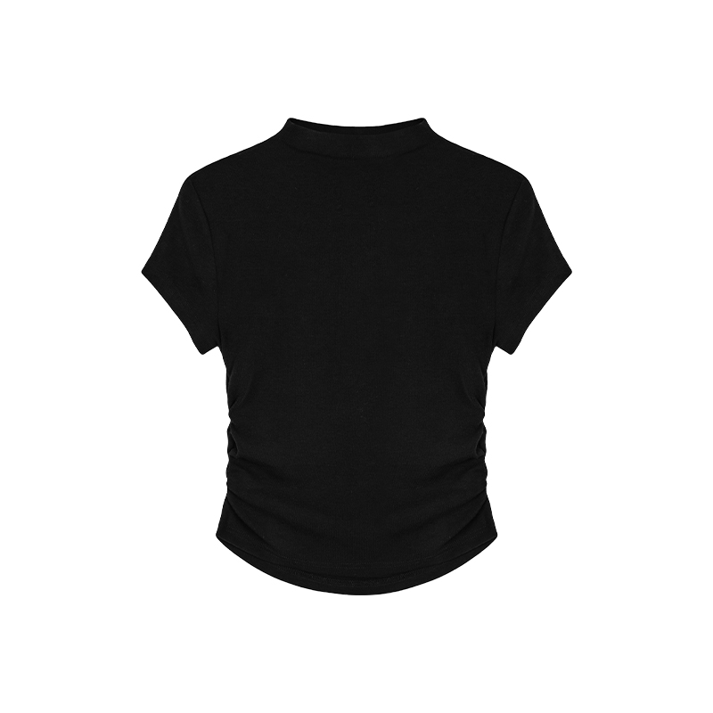 pusumede 黑色半高领针织短袖T恤女夏季修身显瘦打底衫正肩上衣