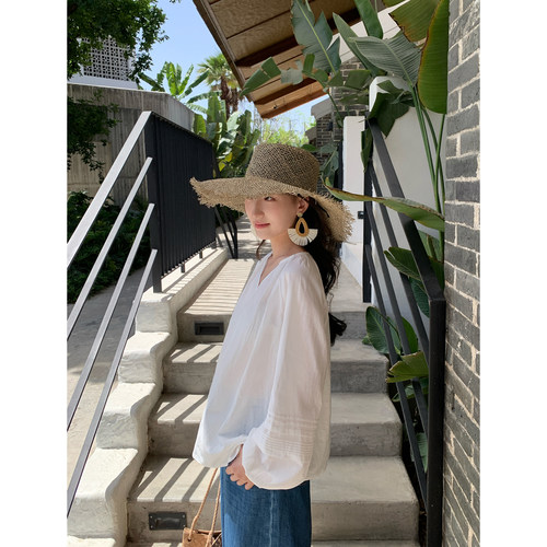 pusumede慵懒夏日莱赛尔亚麻法式v领衬衫女白色宽松长袖防晒上衣 - 图3