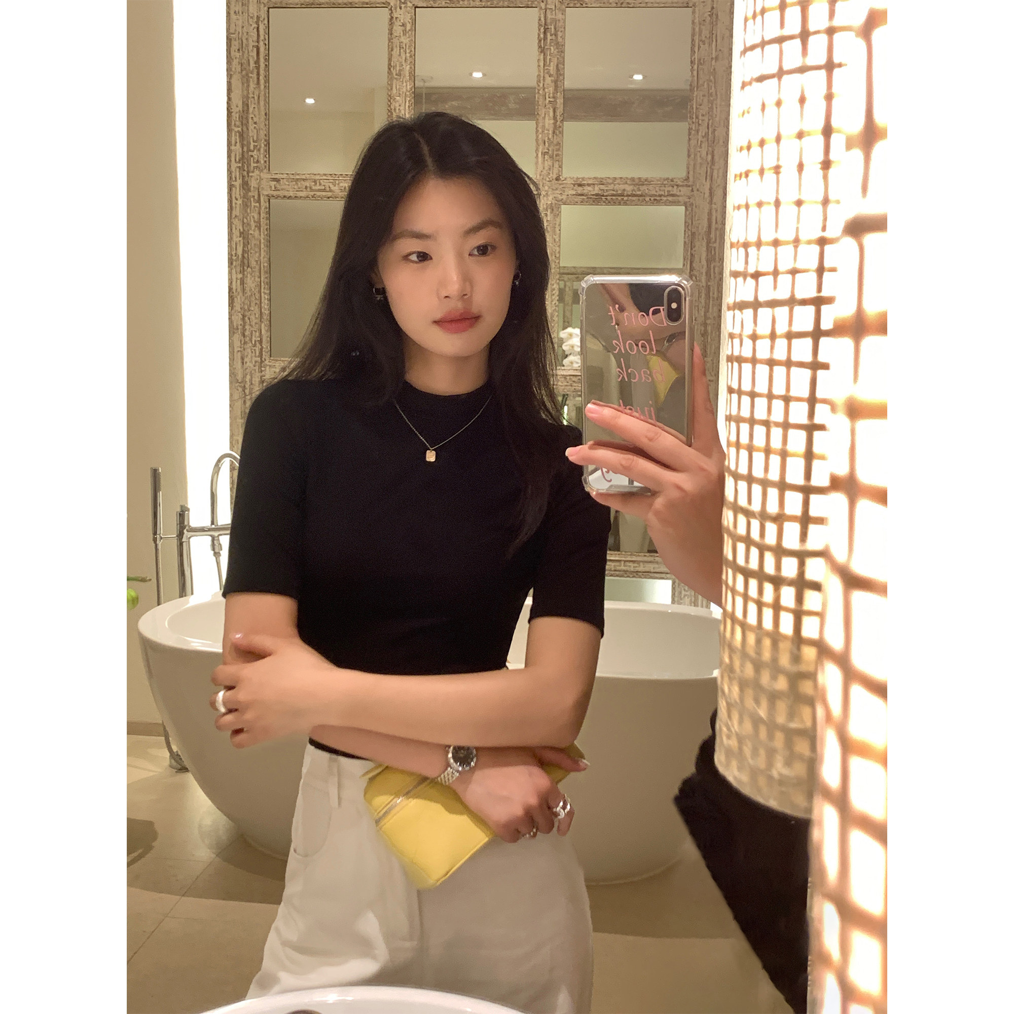 pusumede 半高领黑色短袖T恤女春秋半袖打底衫修身显瘦针织上衣