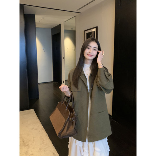 pusumede【现货6折】军绿色工装外套女宽松休闲翻领加厚夹棉夹克 - 图2