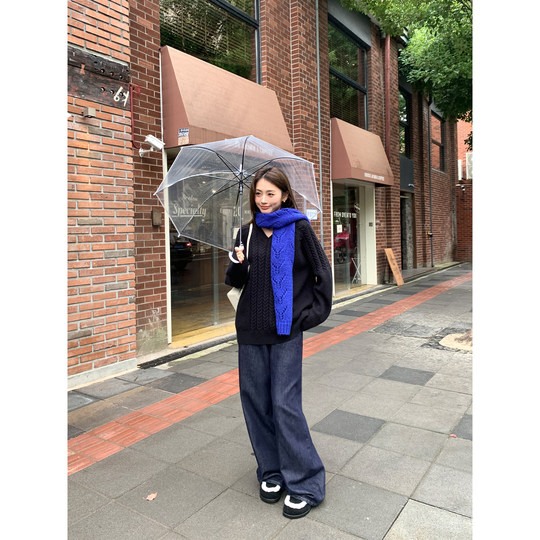 pusumede奶油泡沫 麻花v领毛衣女秋冬设计感宽松慵懒气质针织上衣