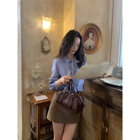 pusumede 转角街头 蓝色蝴蝶结绑带条纹衬衫女长袖衬衣气质上衣