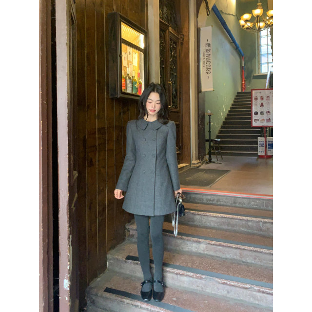 Pusumede Korean drama daughter design doll collar woolen coat women's waist mid-length woolen coat