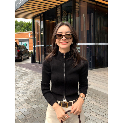 pusumede 假日格调 高领双拉链针织开衫女秋冬短款毛衣外套上衣 - 图0