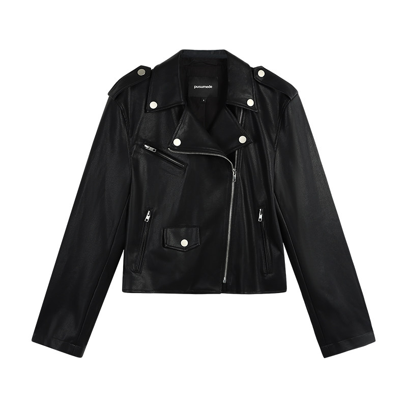 pusumede 【现货7折】黑色机车皮衣外套女复古高级宽松短款夹克,淘宝优惠券,粉丝福利购,淘宝优惠卷