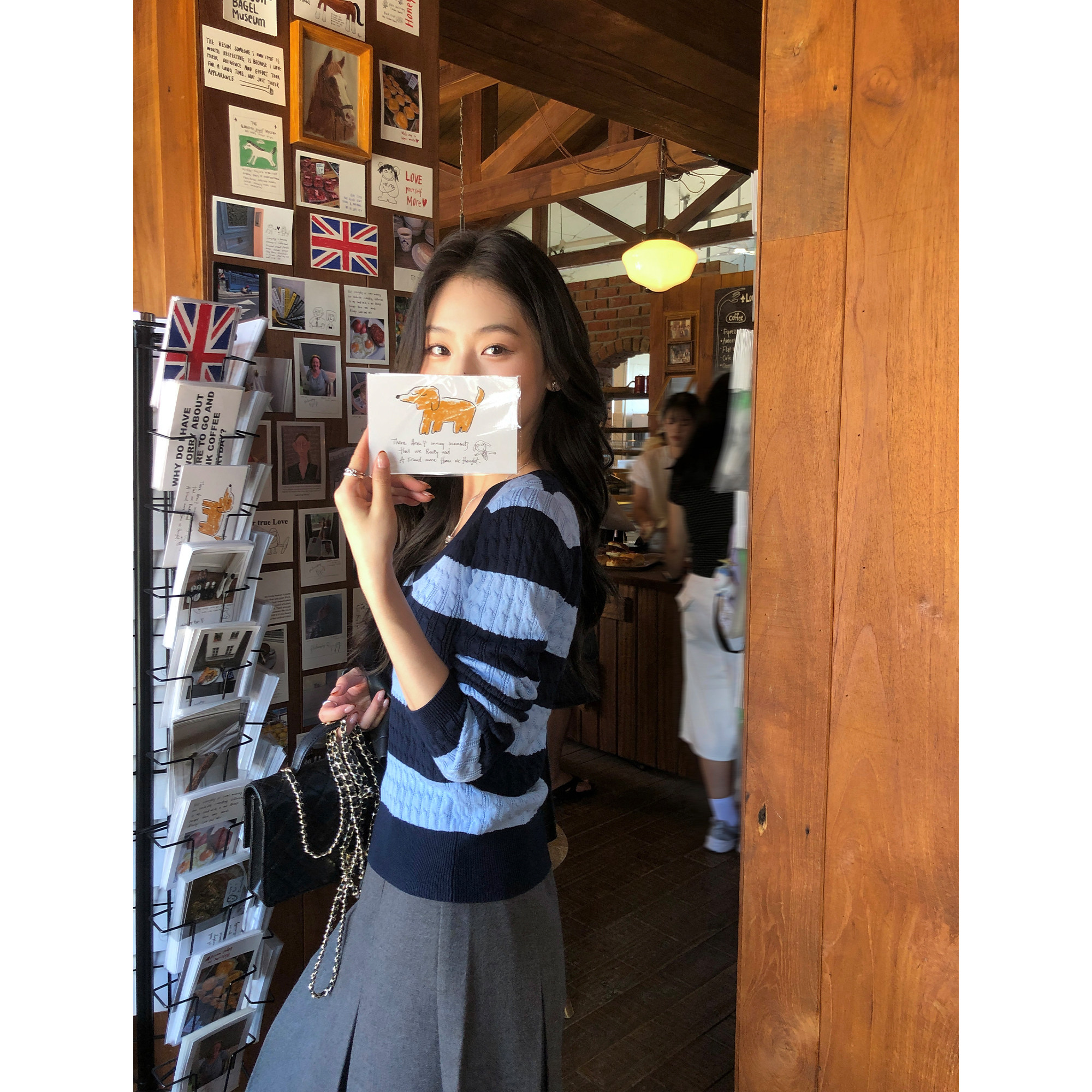 pusumede 小众玩家 v领条纹麻花针织衫女套头长袖修身内搭上衣