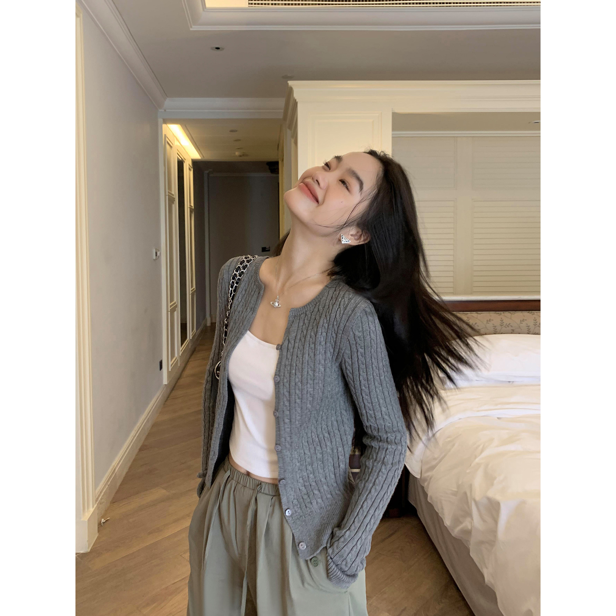 pusumede 南法少女 灰色麻花针织开衫外套女修身显瘦短款长袖上衣,淘宝优惠券,粉丝福利购,淘宝优惠卷