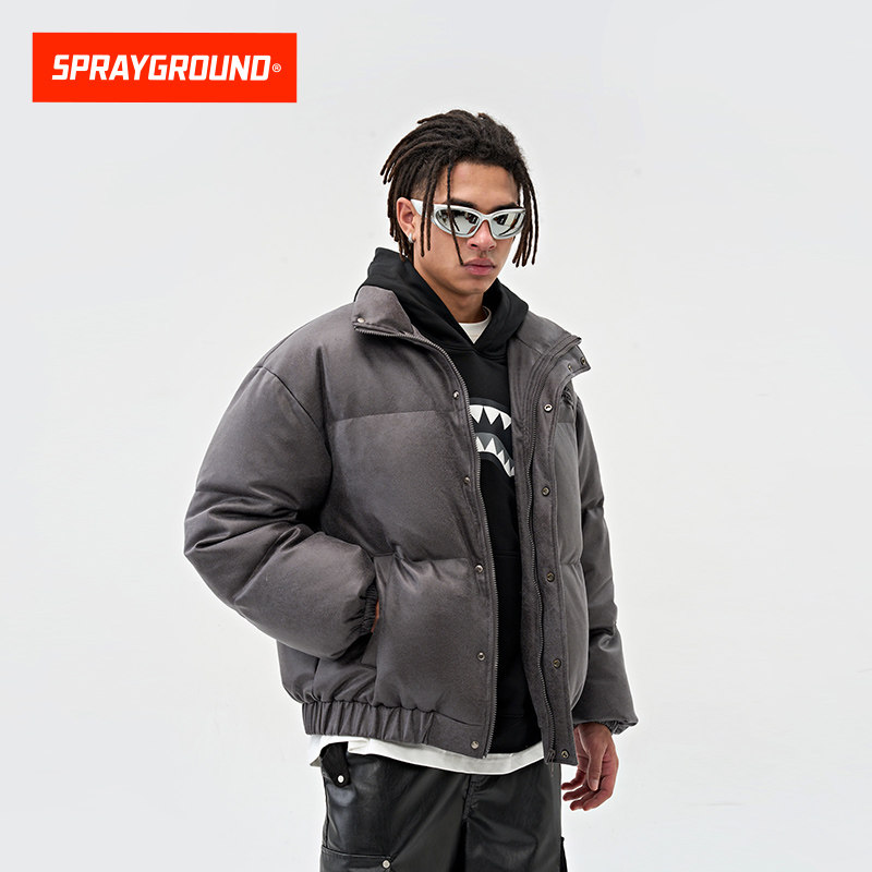 SprayGround鲨鱼嘴麂皮绒羽绒服男冬季白鸭绒加厚美式复古外套潮,淘宝优惠券,粉丝福利购,淘宝优惠卷