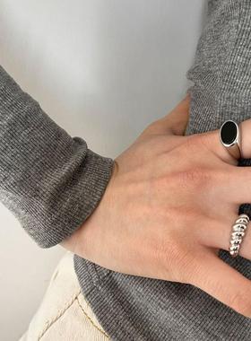 银黑玛瑙冷淡风宝石小众设计网红开口戒指女食指戒个性简约指定制