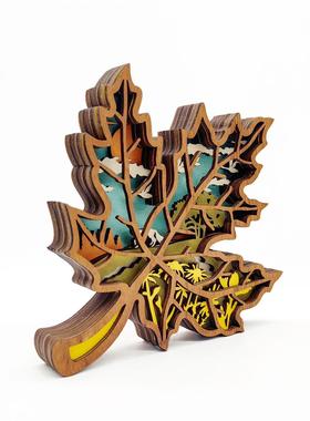新品木质丰收节工艺品木制雕刻枫叶灯饰摆件感恩节家居桌面装饰品