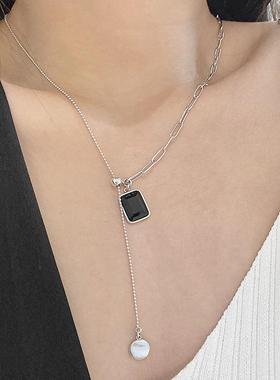 黑色锆石流苏项链925银几何抽拉式可调节锁骨链女ins冷淡风潮定制