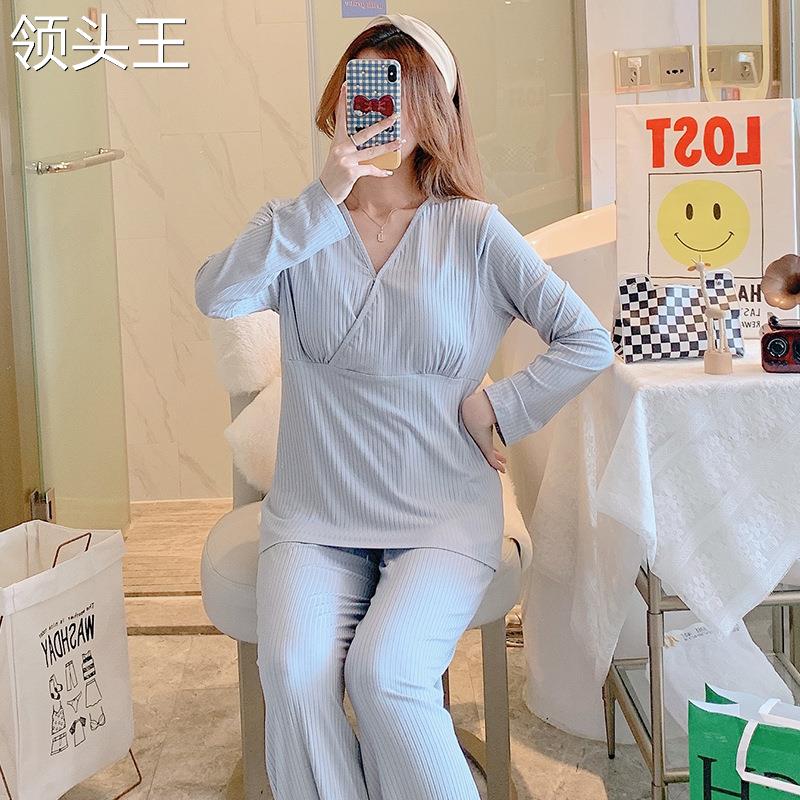 带胸垫月子服哺乳孕妇睡衣春秋产妇夏季薄款家居服5月产后喂奶衣6-图2