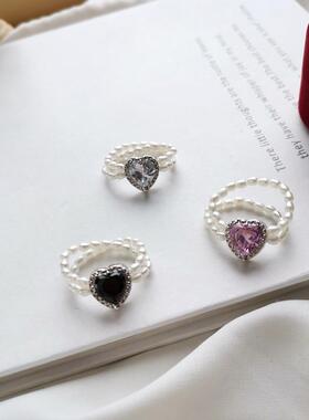 气质韩风戒指ins风网红双层指环唯美爱心形镶钻食指戒2449定制