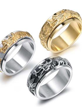 戒指男欧美朋克可转动戒指嘻哈镀金盘龙指环中国风钛钢饰品SA定制