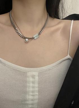 新款韩版白色项链 轻奢小众时尚钛钢气质拼接双层锁骨链定制