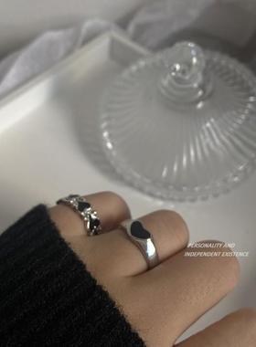 爆裂甜心 暗黑复古戒指韩国黑色滴釉爱心开口少女ins简约小众定制