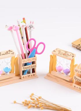 创意流沙木质笔筒沙漏计时器摆件文具学生办公用品生日礼物装饰品