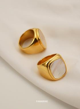 欧美ins风圆形白色贝母贝壳戒指 保色铜镀真金几何型钛钢贝壳定制