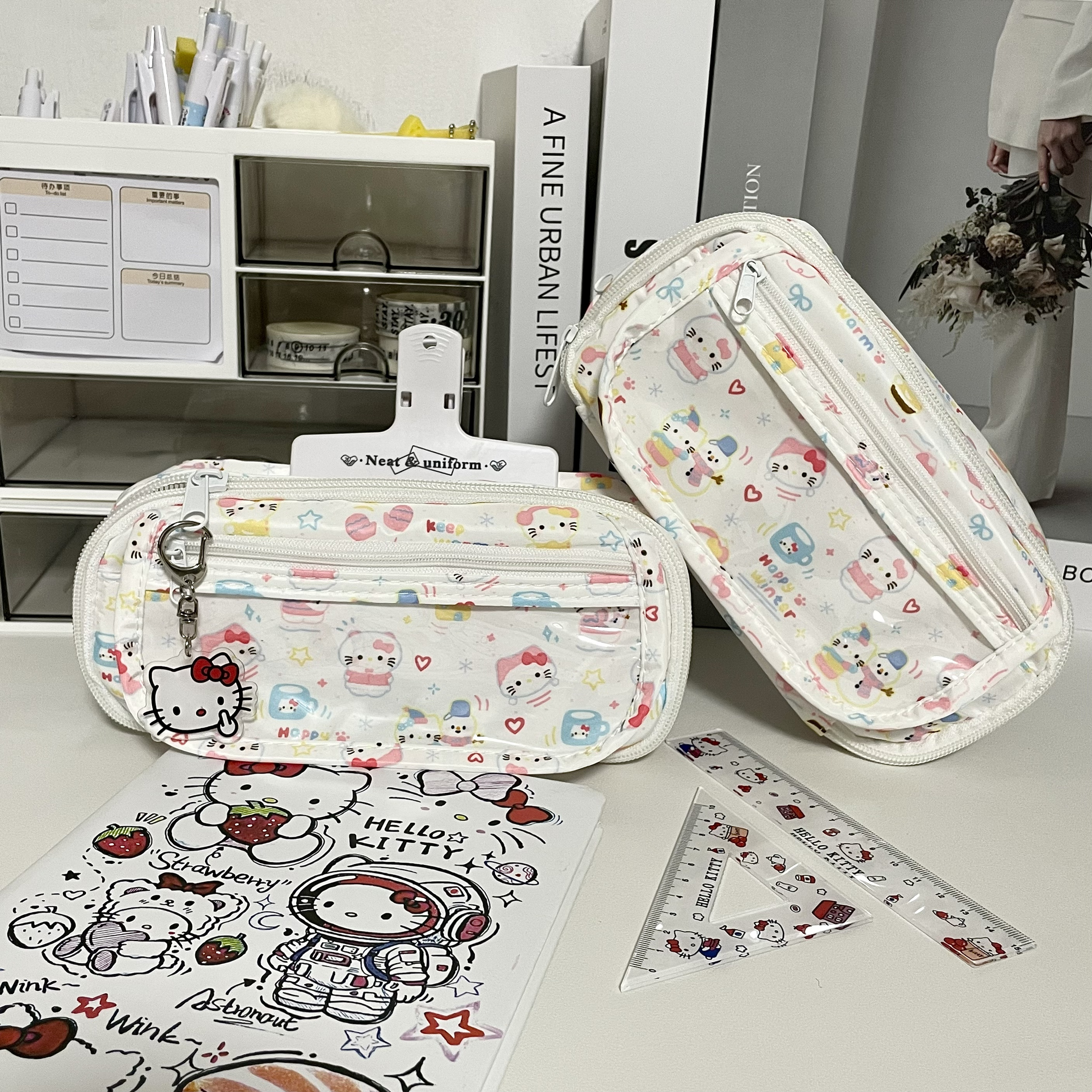 可爱卡通雪人KT猫透明痛包笔袋高颜值ins大容量文具盒新款小众收纳便携式文具笔袋学生文具收纳盒 - 图0