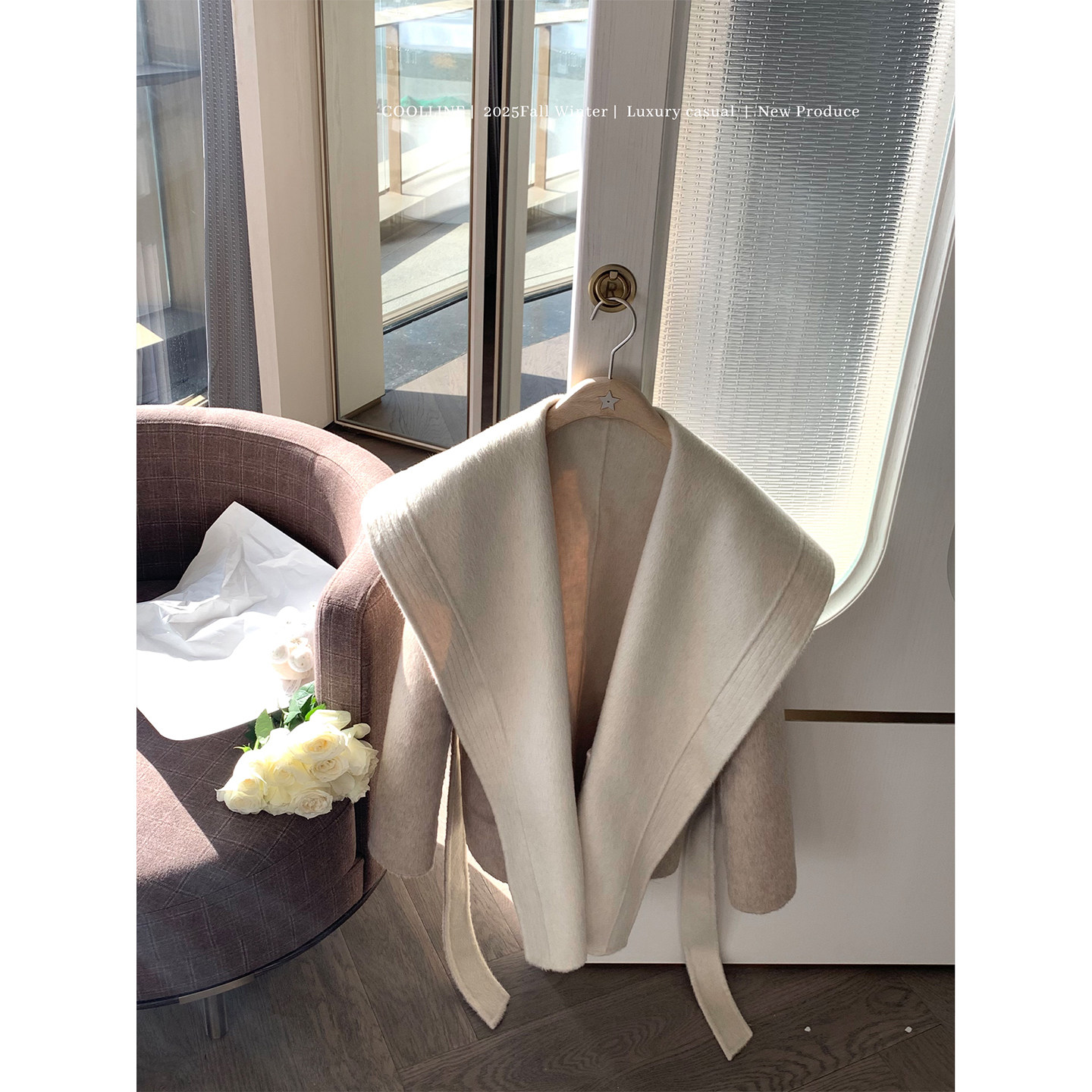 COOLLINE林子熙 柔光回忆 两面穿大翻领羊毛大衣宽松系带外套上衣,淘宝优惠券,粉丝福利购,淘宝优惠卷
