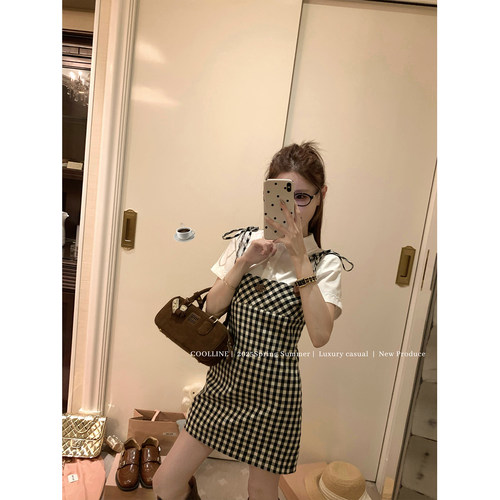 COOLLINE林子熙 拜托了少女心！ miu系经典黑白格吊带裙绑带短裙 - 图2