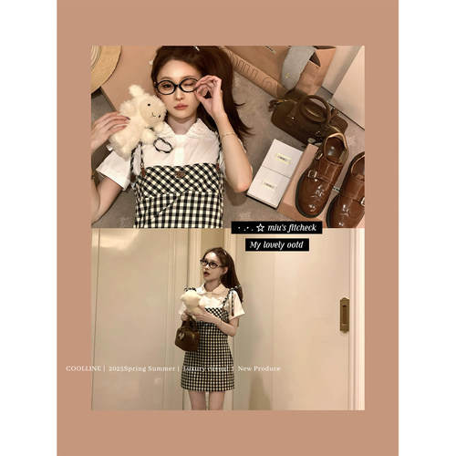 COOLLINE林子熙 拜托了少女心！ miu系经典黑白格吊带裙绑带短裙 - 图3