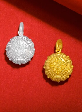 S925纯银莲花嘎乌盒吊坠藏式民族风镀金镶宝石项坠可打开装物饰品