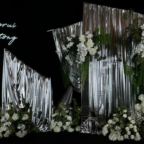 婚庆弹力烫金布婚礼现场镜面装饰金色银布褶皱布舞台背景吊顶布置 - 图0