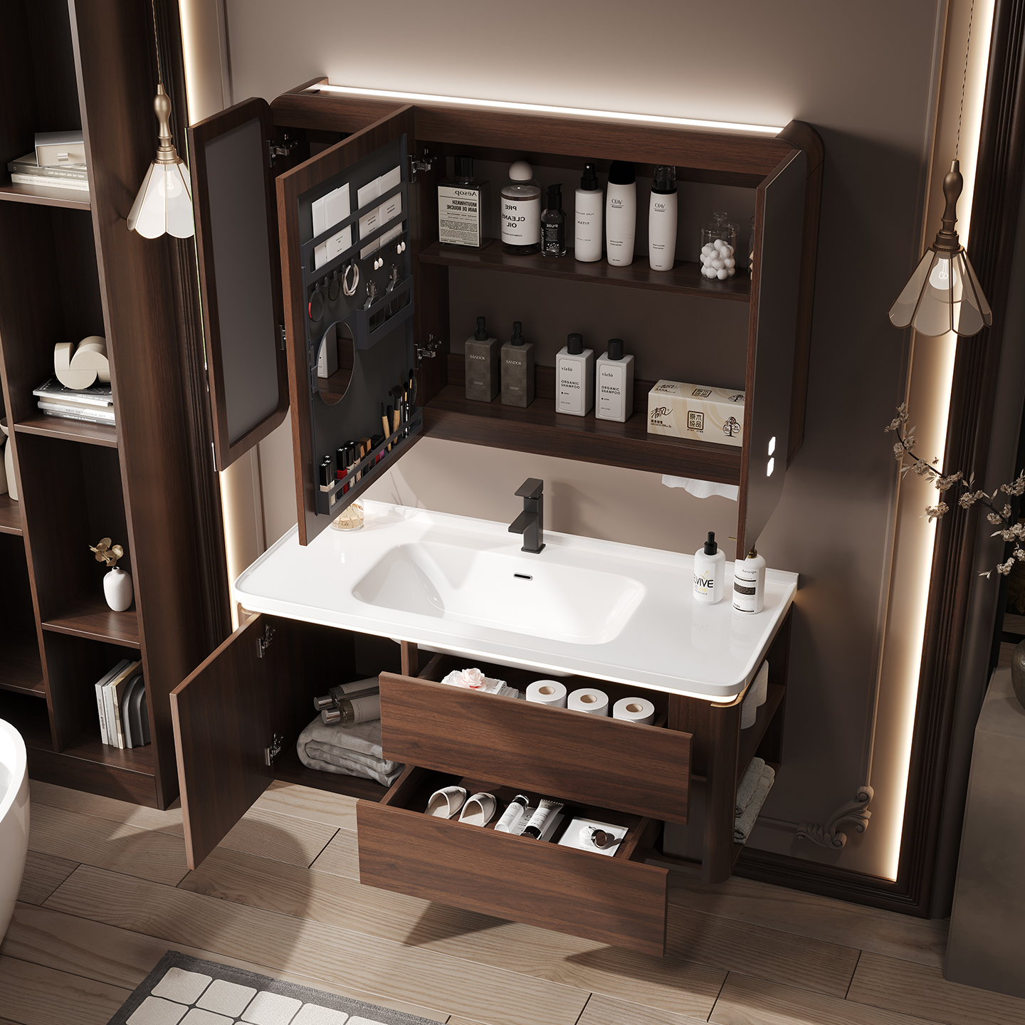 Medieval style arc bathroom cabinet combined with ceramic integrated basin