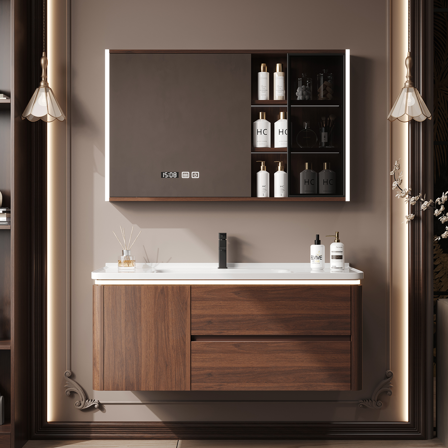 Medieval style arc bathroom cabinet combined with ceramic integrated basin