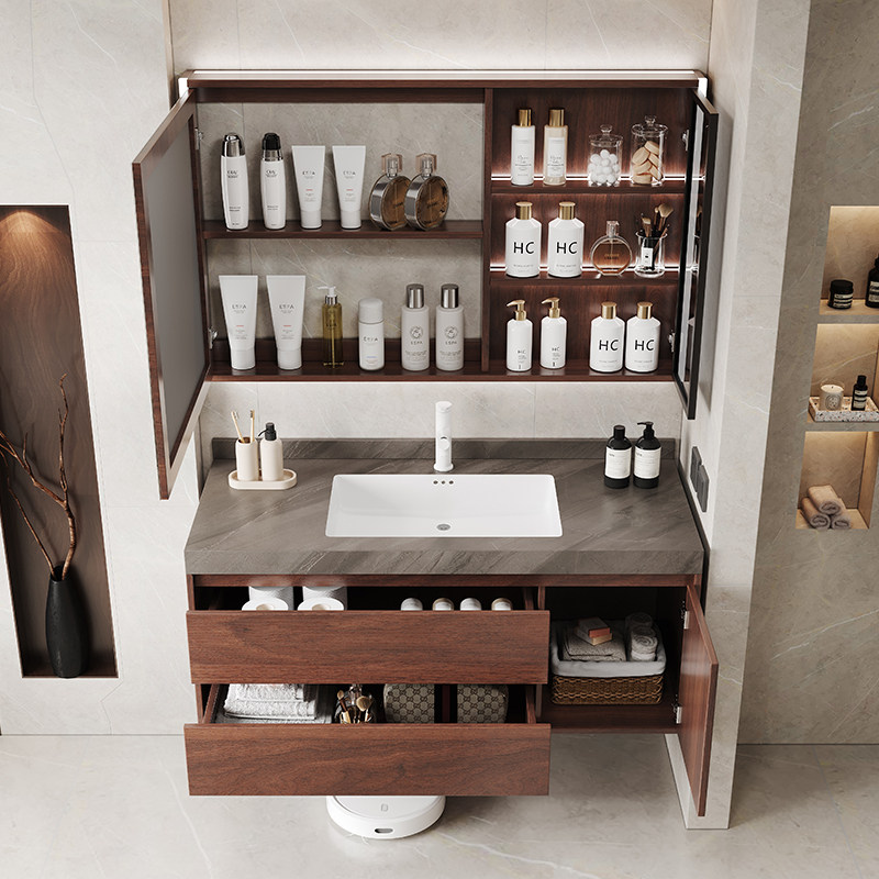 中古风胡桃木色岩板陶瓷一体盆浴室柜卫生间洗漱台洗手盆柜组合,淘宝优惠券,粉丝福利购,淘宝优惠卷