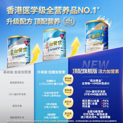 雅培ensure港版低糖加营素麦香味成人中老年金装营养粉香草味850g - 图1