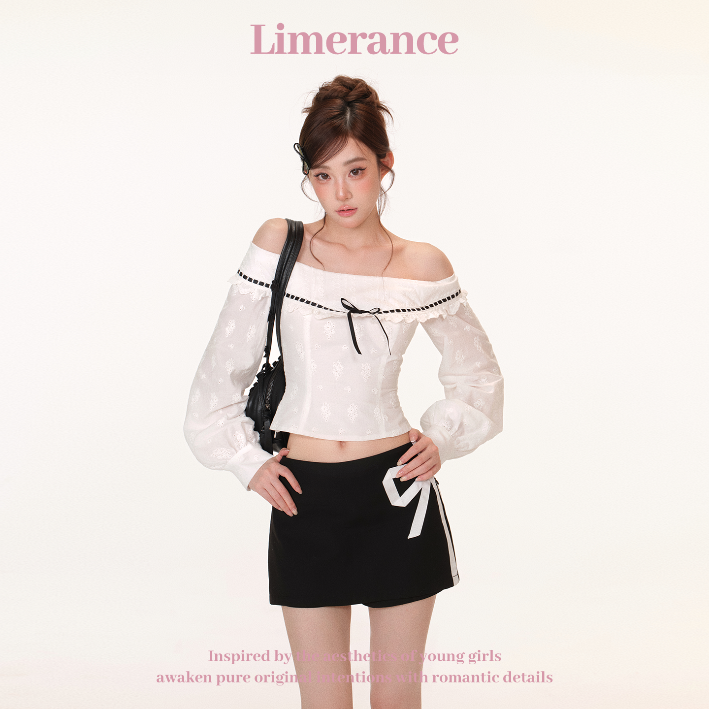 甜梨呆呆 蝶影白巧 秋季一字肩撞色系带绣花上衣女+撞色两穿半裙,淘宝优惠券,粉丝福利购,淘宝优惠卷