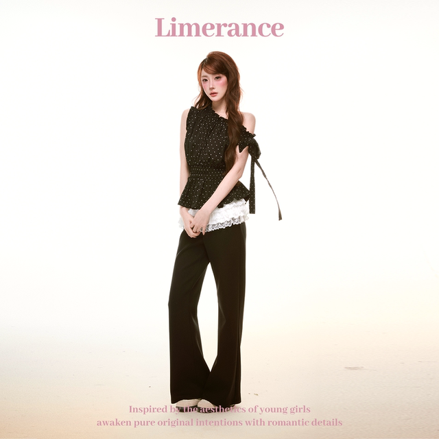 Romantic Nana summer slanted shoulder fungus lace-up bow waisted blouse embroidered hip skirt suit