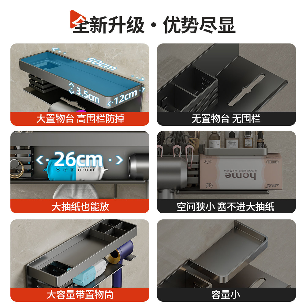卫生间吹风机置物架免打孔电吹风挂架洗脸巾风筒支架浴室收纳架子,淘宝优惠券,粉丝福利购,淘宝优惠卷