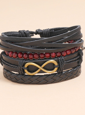 欧美男女同款复古编织皮革手链diy四件组合套装手环简约潮流手饰